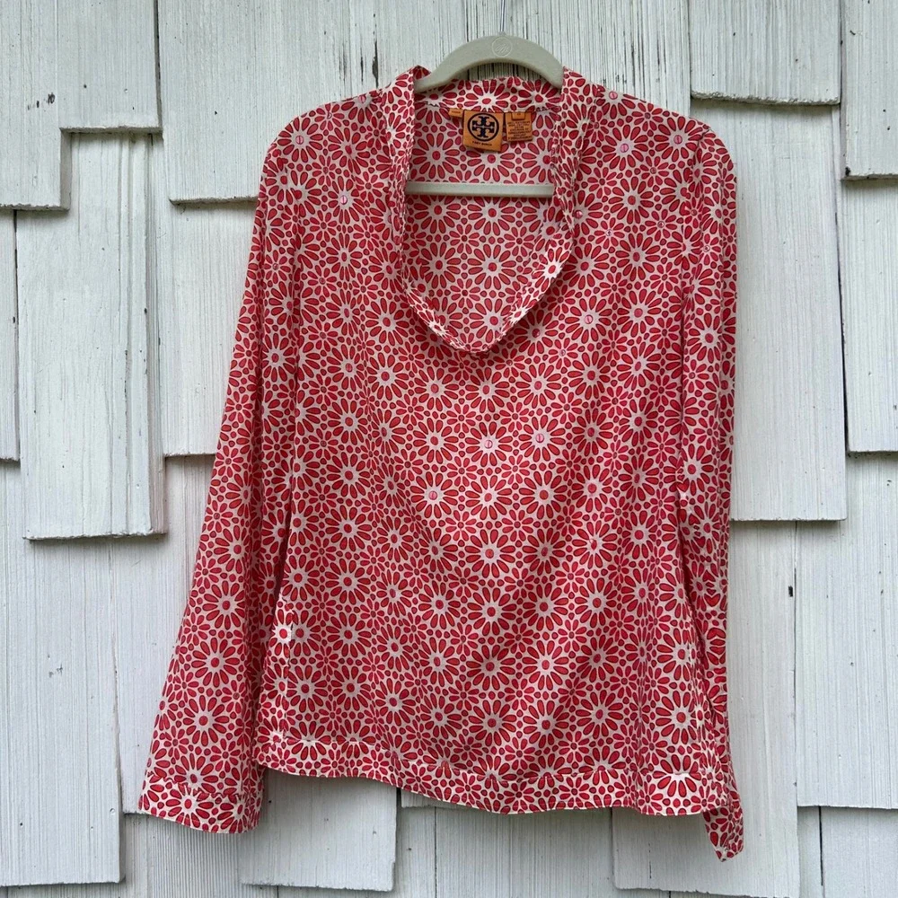 Tory Burch Red White Floral Sequin Cotton Blouse Top 20091121 Womens 10